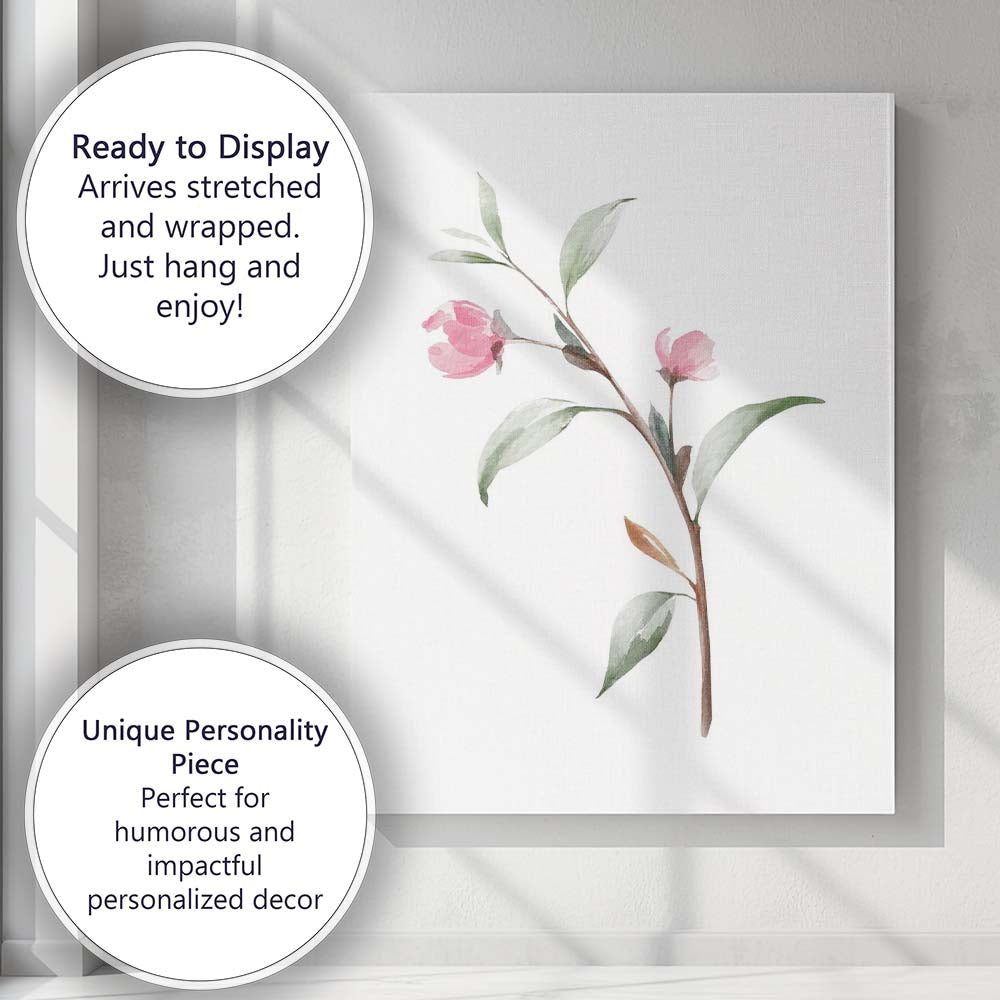 Minimalist Pink Camellia Branch Watercolour Canvas Wall Art Print Decor Picture Ready to Hang