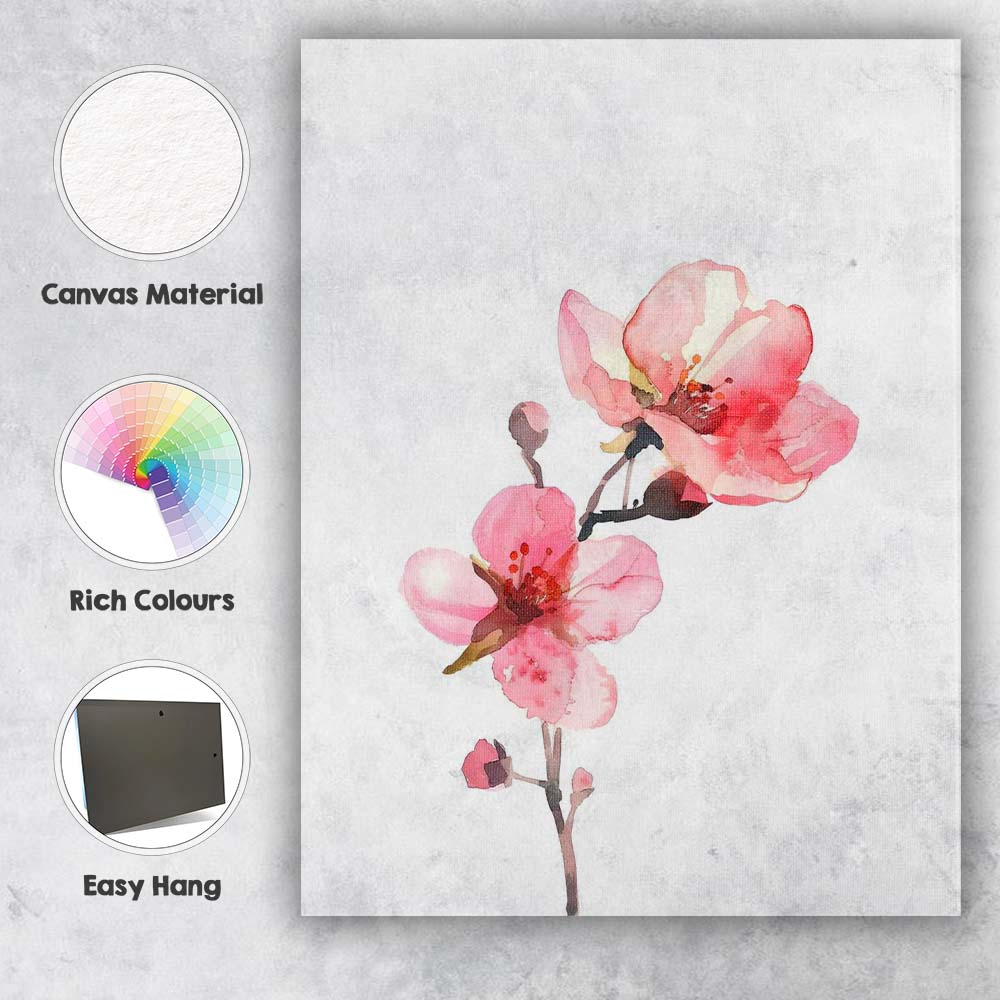 Soft Pink Cherry Blossom Watercolour Branch Canvas Wall Art Print Decor Picture Ready to Hang