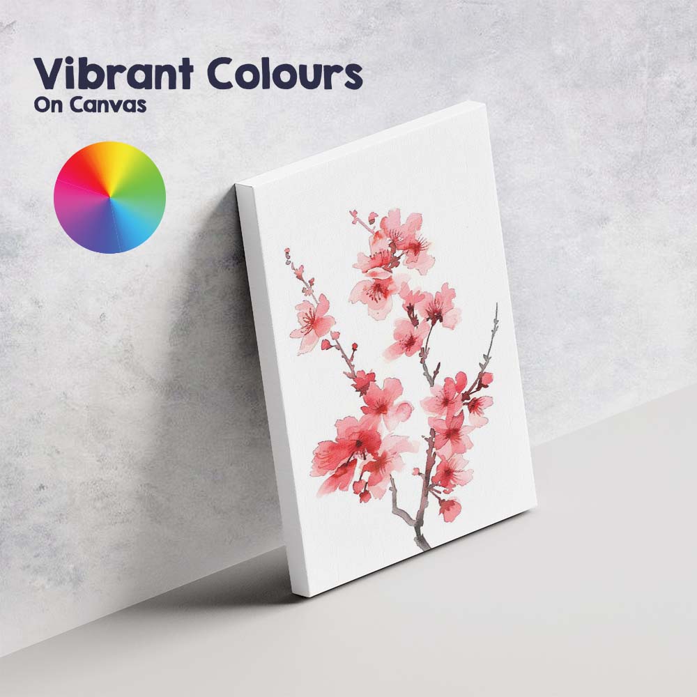 Vibrant Coral Pink Cherry Blossom Branch Watercolour Canvas Wall Art Print Decor Picture Ready to Hang