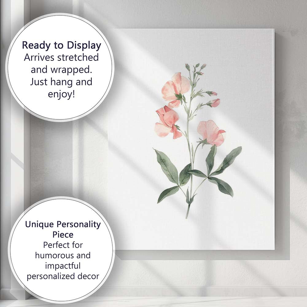 Soft Peach Sweet Pea Botanical Watercolour Canvas Wall Art Print Decor Picture Ready to Hang