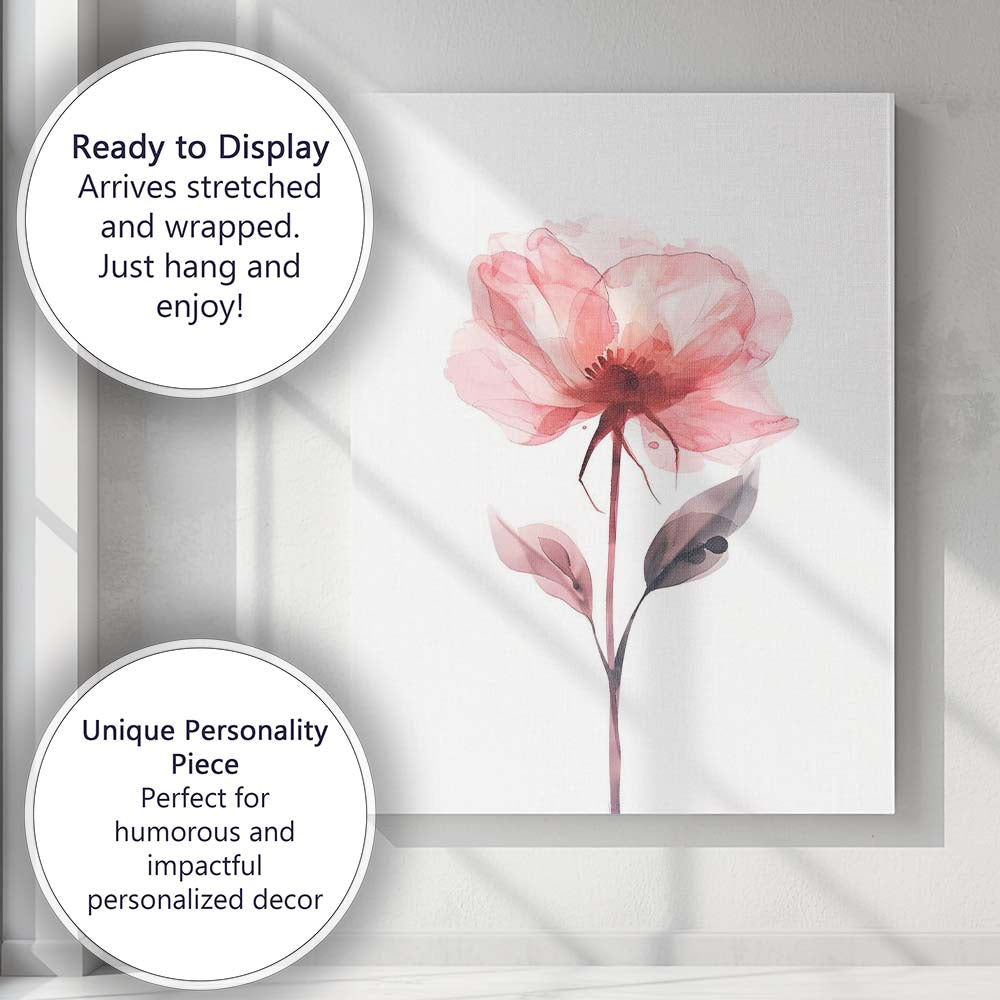 Soft Coral Pink Poppy Watercolour Botanical Flower Canvas Wall Art Print Decor Picture Ready to Hang