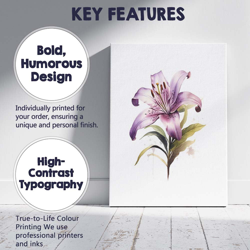 Elegant Lavender Lily Botanical Watercolour Floral Canvas Wall Art Print Decor Picture Ready to Hang
