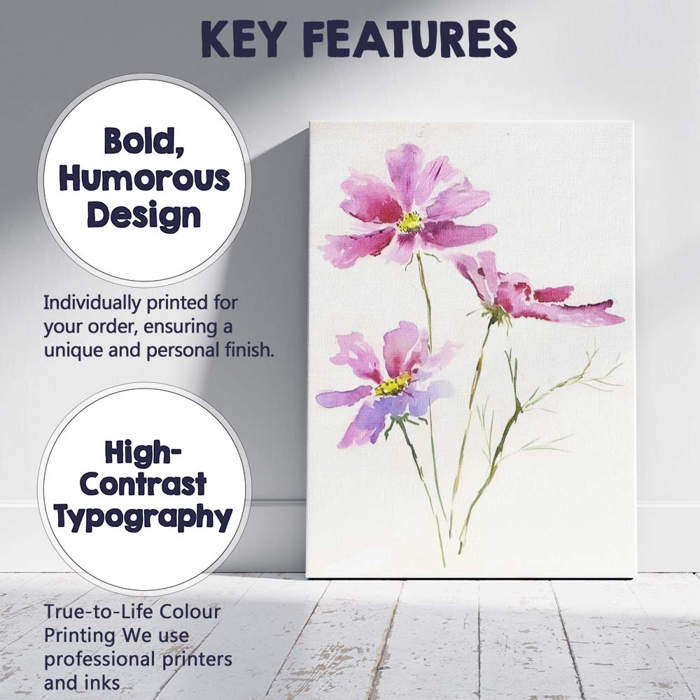 Pastel Pink Cosmos Wildflower Watercolour Botanical Canvas Wall Art Print Decor Picture Ready to Hang
