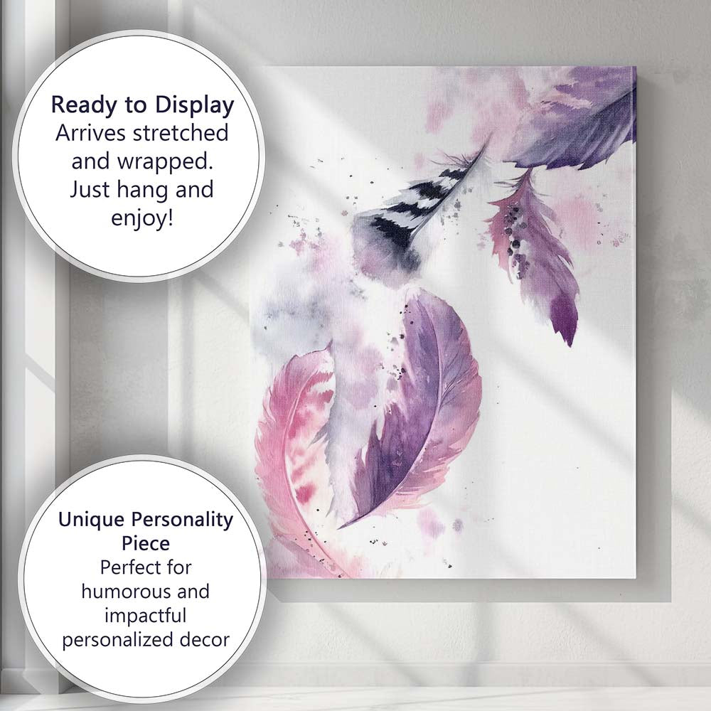 Blush Purple Watercolour Feathers Abstract Boho Canvas Wall Art Print Decor Picture Ready to Hang