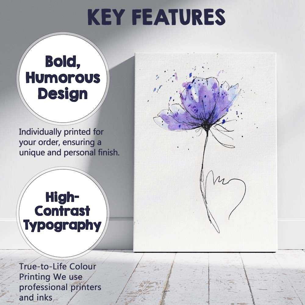 Minimal Purple Floral Ink Sketch Watercolour Heart Illustration Canvas Wall Art Print Decor Picture Ready to Hang