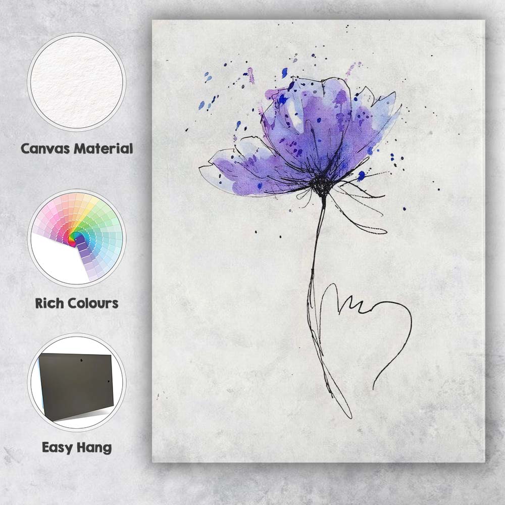 Minimal Purple Floral Ink Sketch Watercolour Heart Illustration Canvas Wall Art Print Decor Picture Ready to Hang