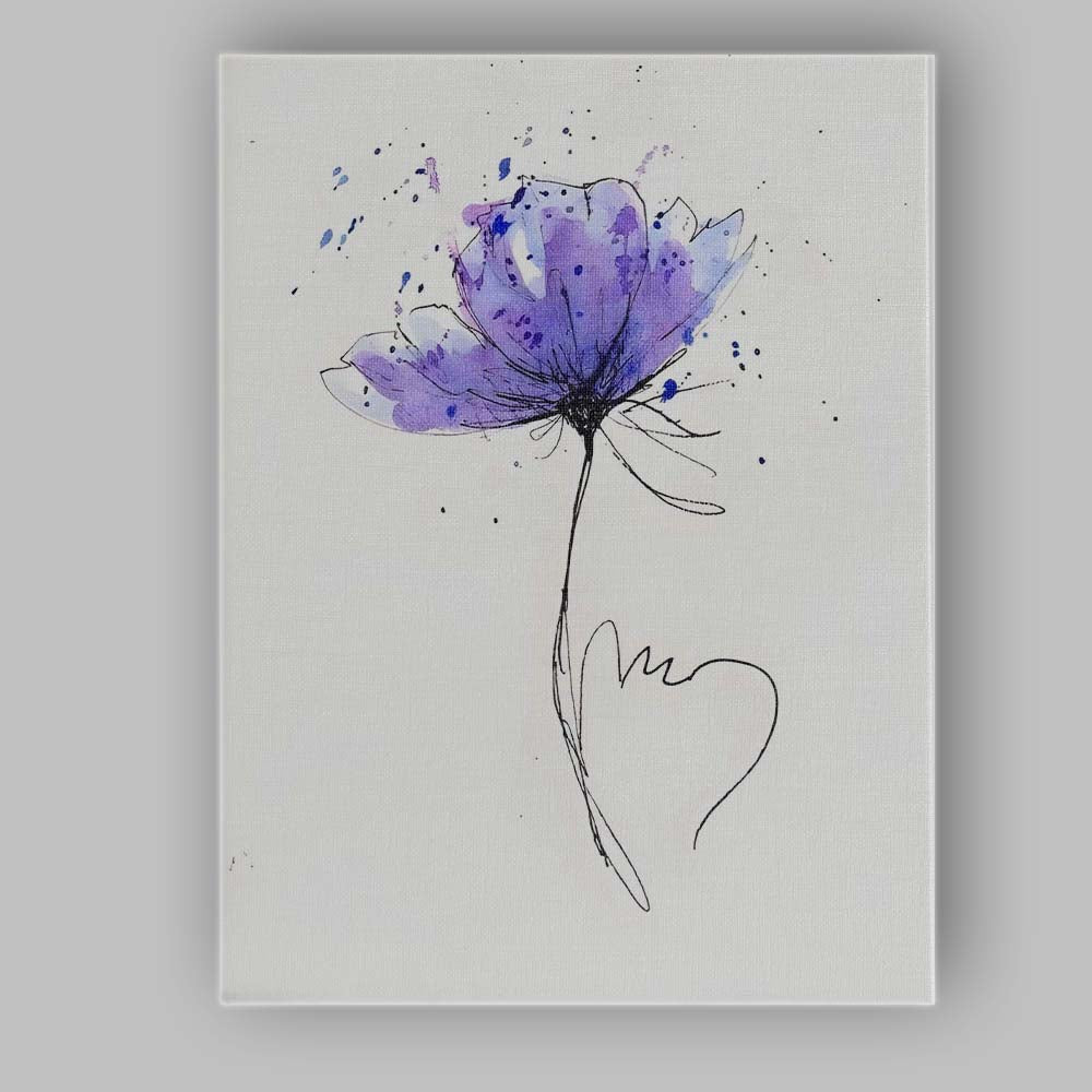 Minimal Purple Floral Ink Sketch Watercolour Heart Illustration Canvas Wall Art Print Decor Picture Ready to Hang