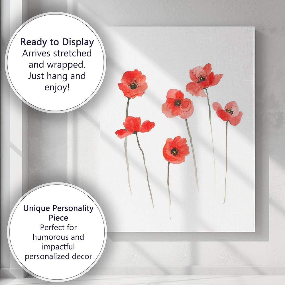 Minimal Red Poppy Wildflower Watercolour Botanical Canvas Wall Art Print Decor Picture Ready to Hang