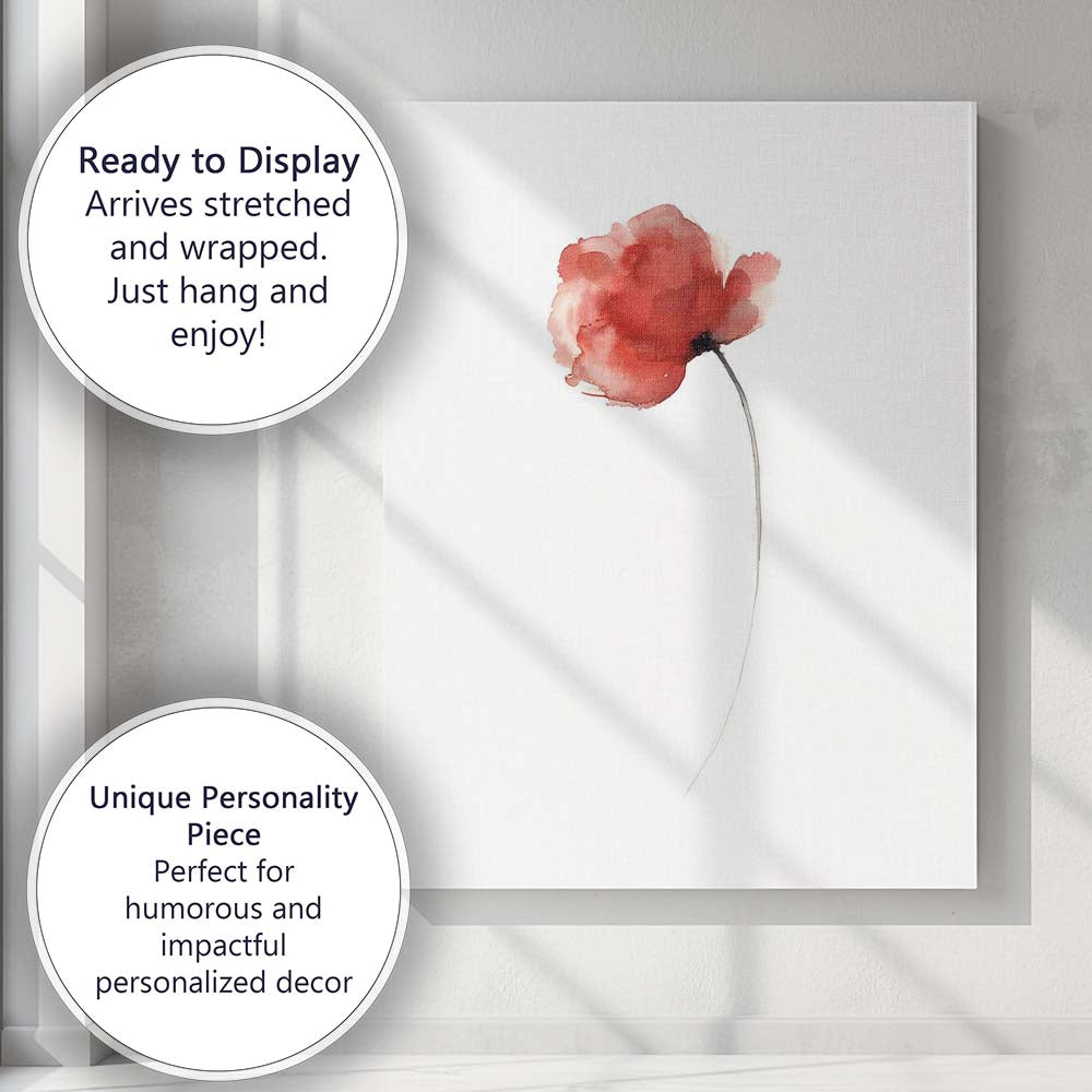 Single Scarlet Poppy Minimal Watercolour Botanical Canvas Wall Art Print Decor Picture Ready to Hang