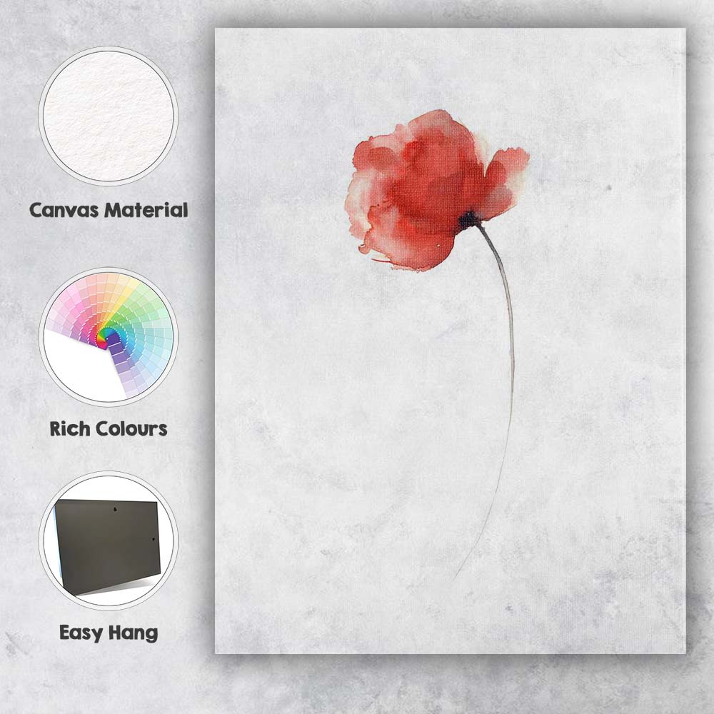 Single Scarlet Poppy Minimal Watercolour Botanical Canvas Wall Art Print Decor Picture Ready to Hang