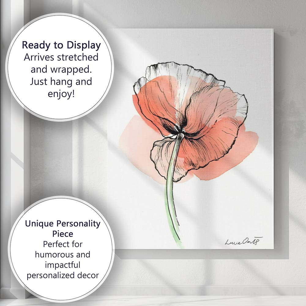Contemporary Coral Poppy Line Art Watercolour Canvas Wall Art Print Decor Picture Ready to Hang
