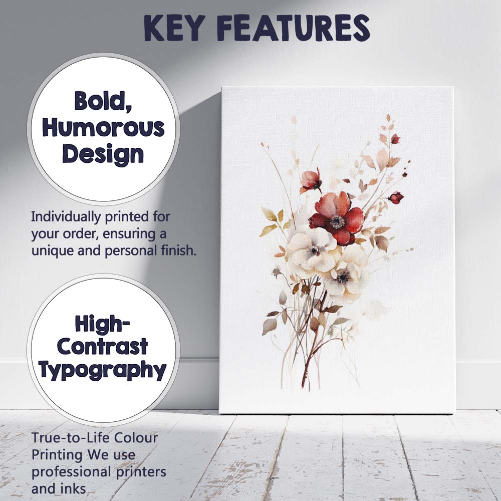 Rust Red Cream Floral Bouquet Watercolour Botanical Canvas Wall Art Print Decor Picture Ready to Hang