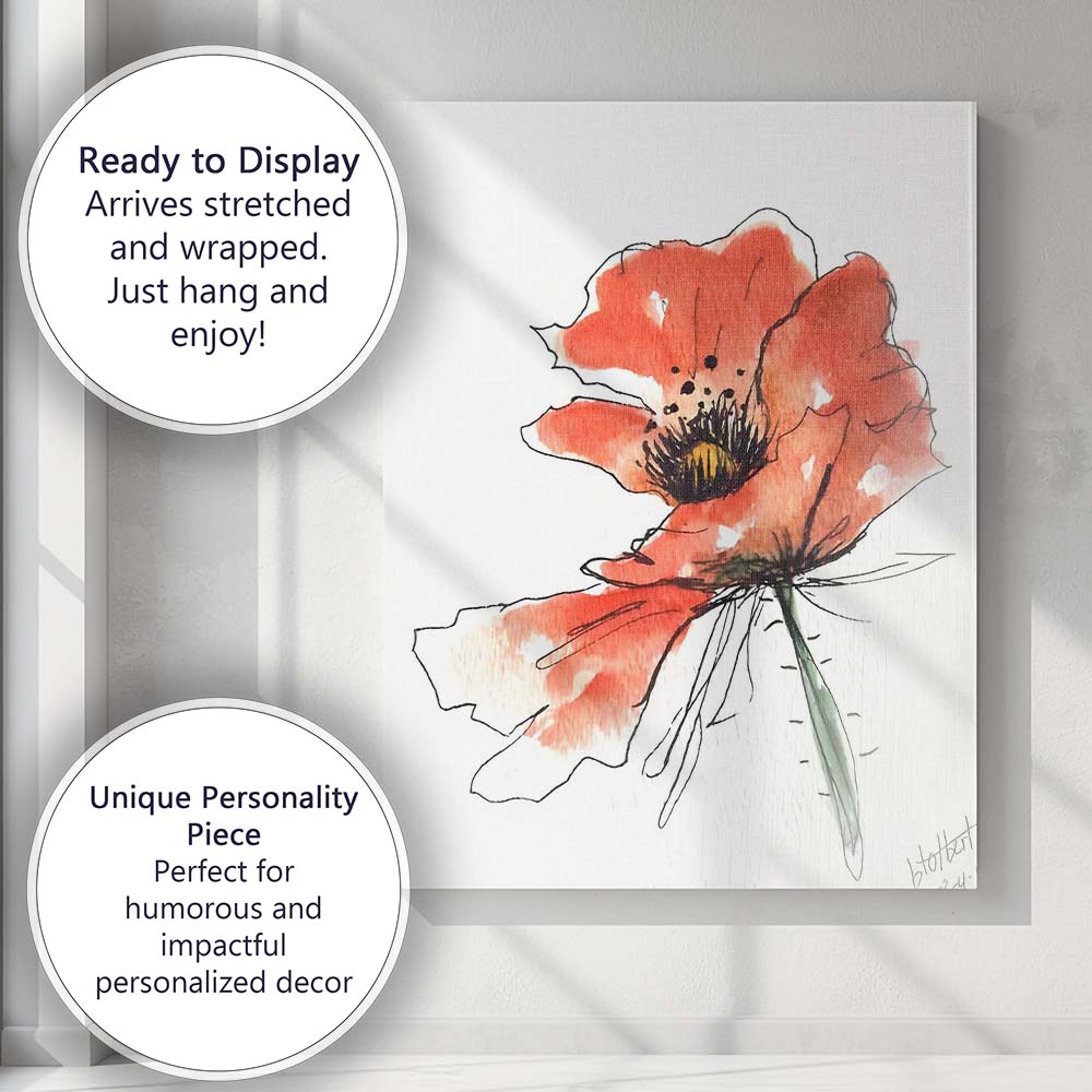 Expressive Coral Poppy Ink Sketch Watercolour Canvas Wall Art Print Decor Picture Ready to Hang