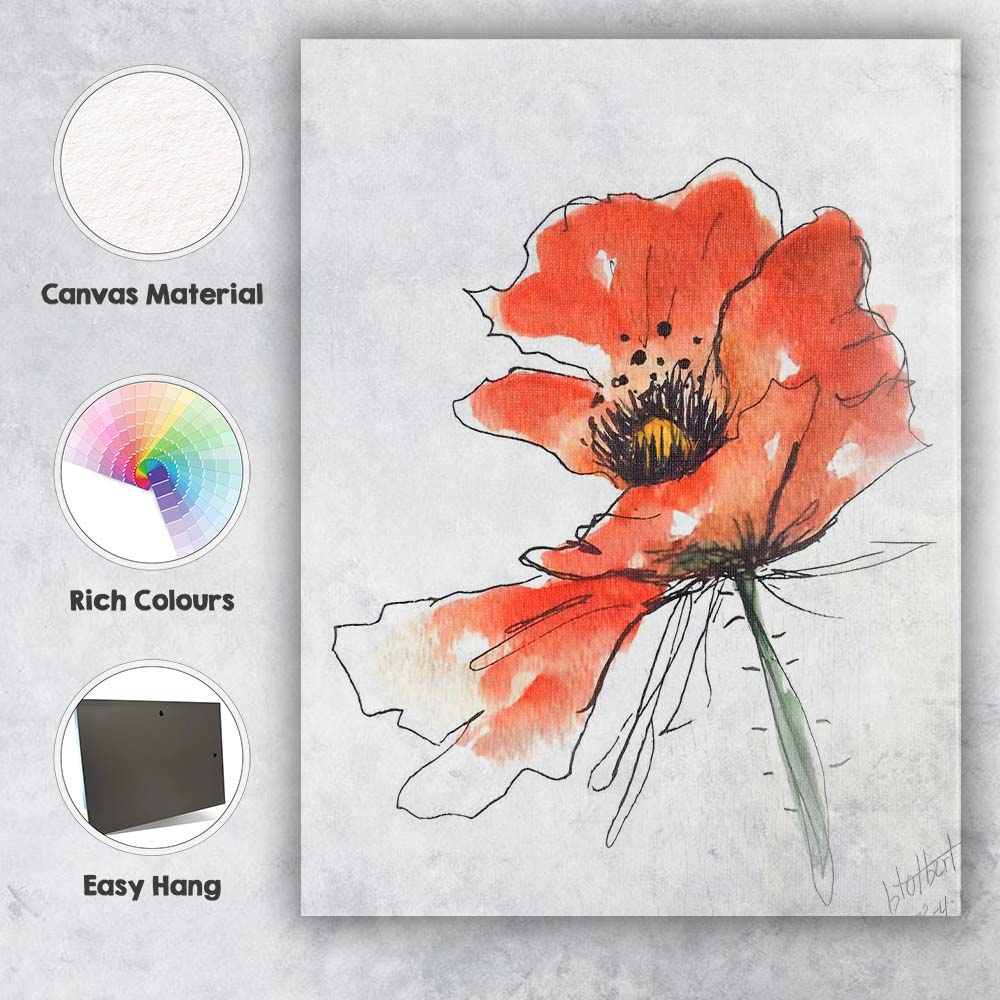 Expressive Coral Poppy Ink Sketch Watercolour Canvas Wall Art Print Decor Picture Ready to Hang