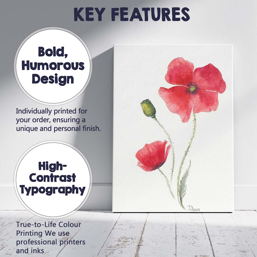 Classic Red Poppy Flower Botanical Watercolour Canvas Wall Art Print Decor Picture Ready to Hang