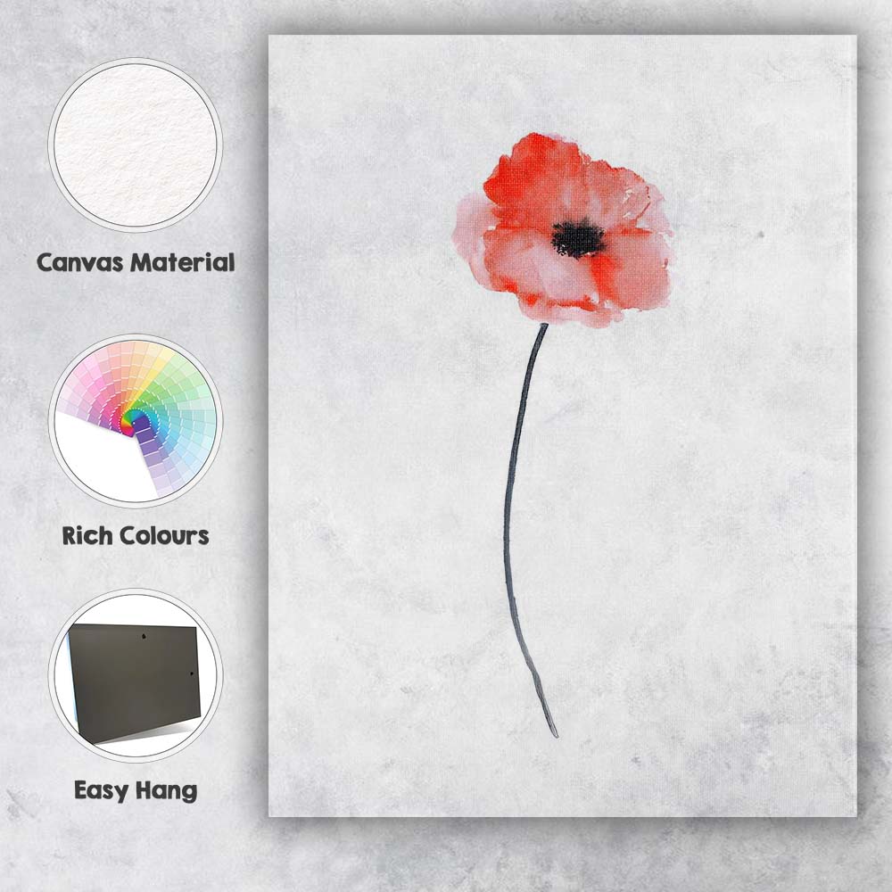 Soft Blush Poppy Minimal Watercolour Floral Canvas Wall Art Print Decor Picture Ready to Hang