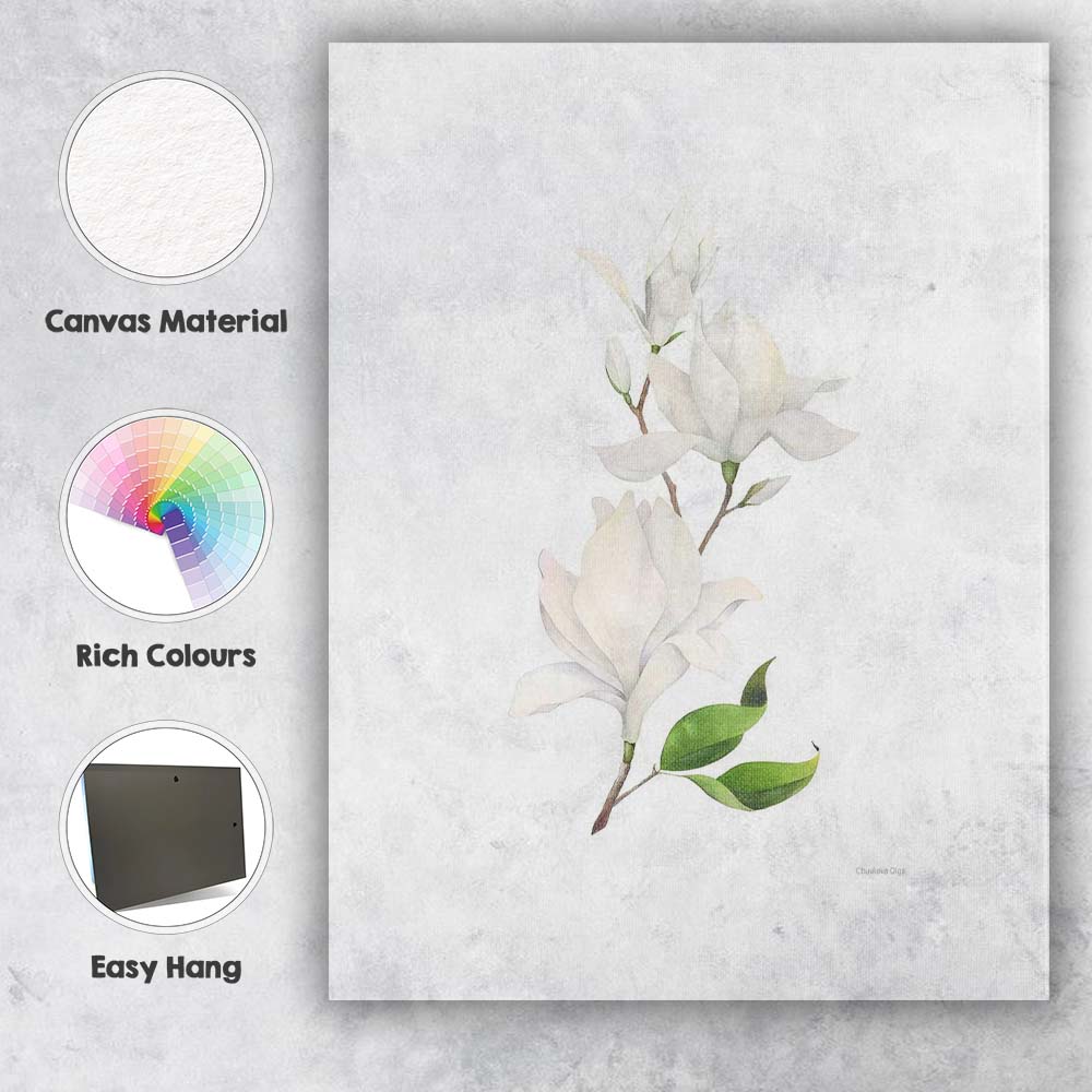Minimal White Magnolia Branch Watercolour Botanical Canvas Wall Art Print Decor Picture Ready to Hang