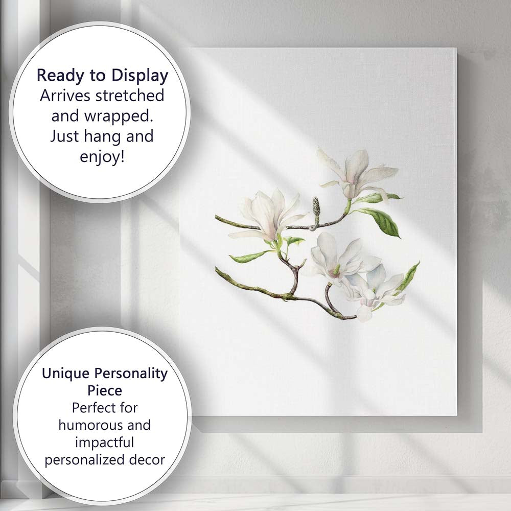 Graceful White Magnolia Branch Floral Watercolour Canvas Wall Art Print Decor Picture Ready to Hang