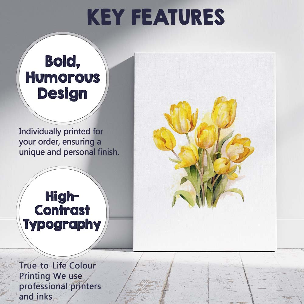 Bright Yellow Tulip Bouquet Watercolour Floral Canvas Wall Art Print Decor Picture Ready to Hang