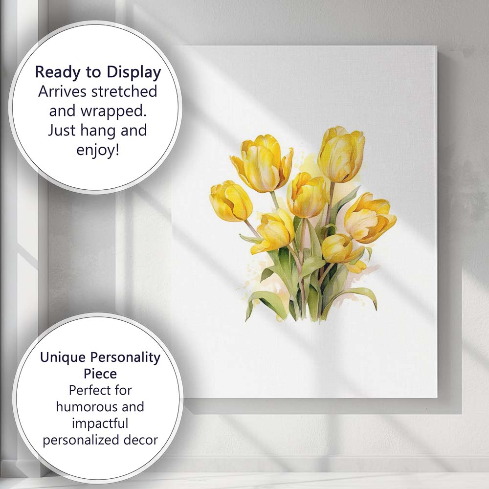 Bright Yellow Tulip Bouquet Watercolour Floral Canvas Wall Art Print Decor Picture Ready to Hang