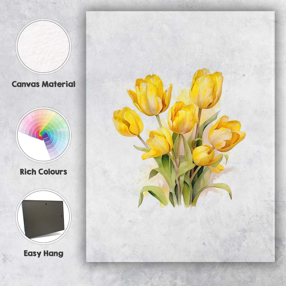 Bright Yellow Tulip Bouquet Watercolour Floral Canvas Wall Art Print Decor Picture Ready to Hang