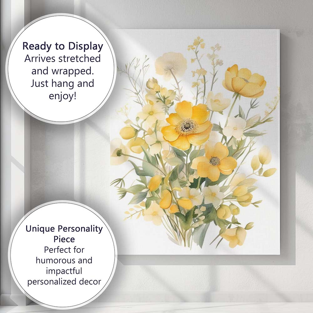 Yellow Spring Wildflower Meadow Bouquet Watercolour Canvas Wall Art Print Decor Picture Ready to Hang