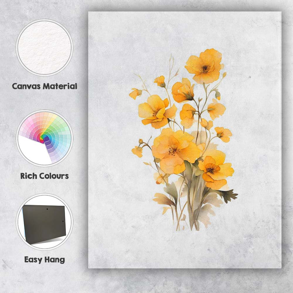 Soft Golden Poppy Wildflower Watercolour Bouquet Canvas Wall Art Print Decor Picture Ready to Hang