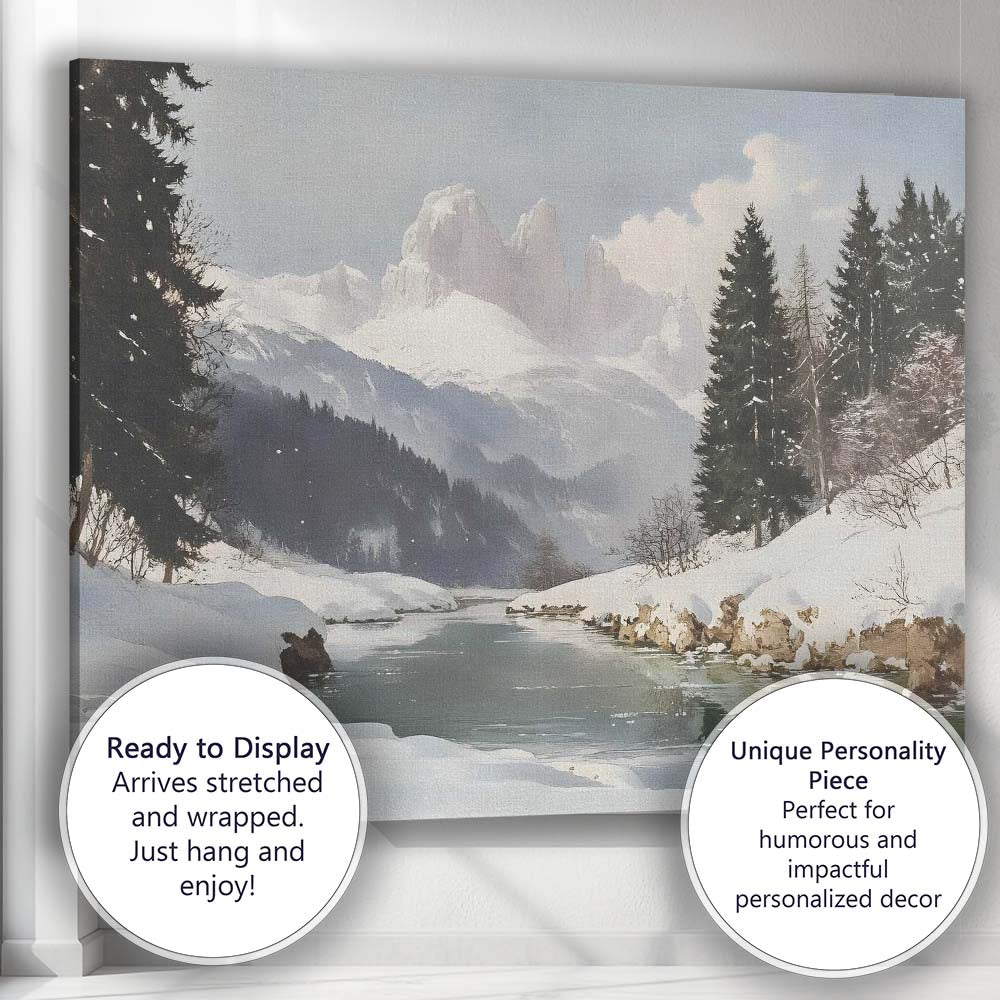 Snowy Mountain Lake Alpine Winter Landscape Canvas Wall Art Print Decor Picture Ready to Hang