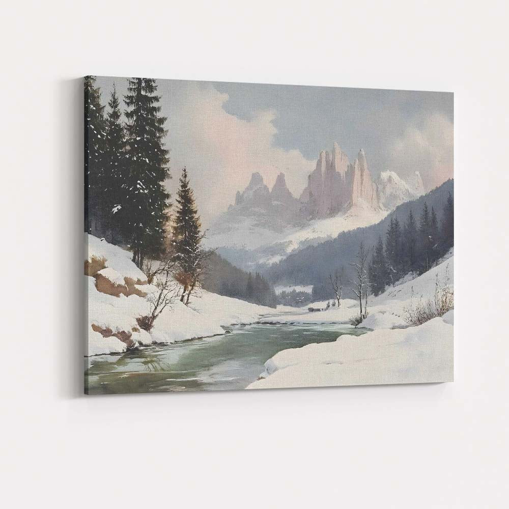 Peaceful Alpine River Snow Covered Mountain Peaks Winter Landscape Canvas Wall Art Print Decor Picture Ready to Hang