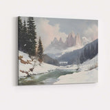 Peaceful Alpine River Snow Covered Mountain Peaks Winter Landscape Canvas Wall Art Print Decor Picture Ready to Hang