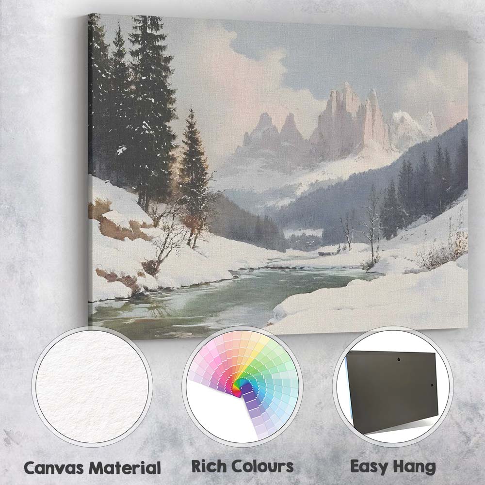 Peaceful Alpine River Snow Covered Mountain Peaks Winter Landscape Canvas Wall Art Print Decor Picture Ready to Hang