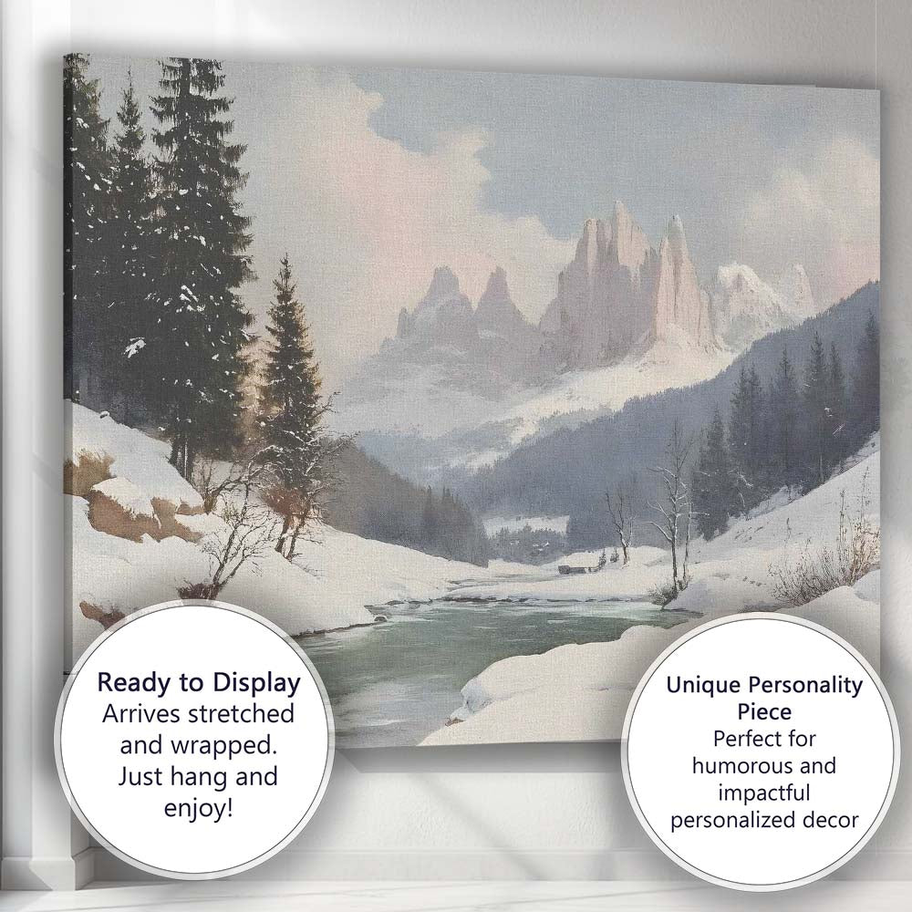 Peaceful Alpine River Snow Covered Mountain Peaks Winter Landscape Canvas Wall Art Print Decor Picture Ready to Hang