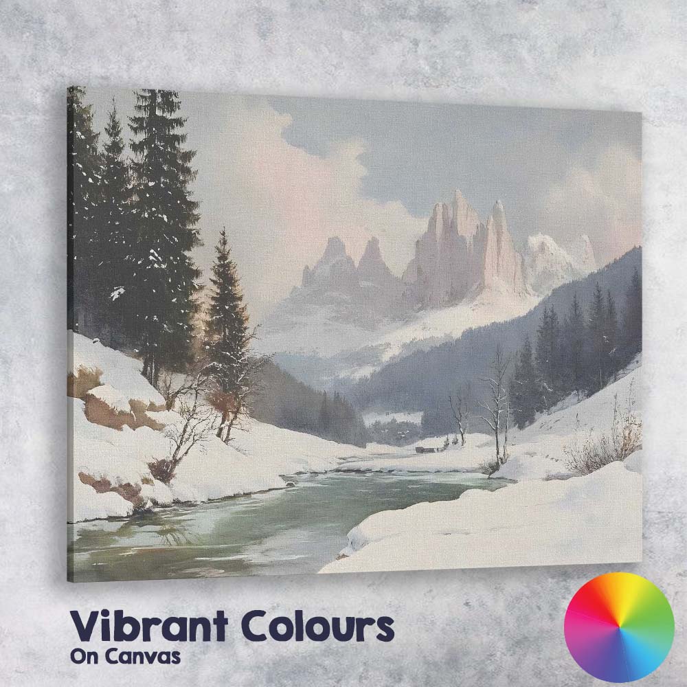 Peaceful Alpine River Snow Covered Mountain Peaks Winter Landscape Canvas Wall Art Print Decor Picture Ready to Hang