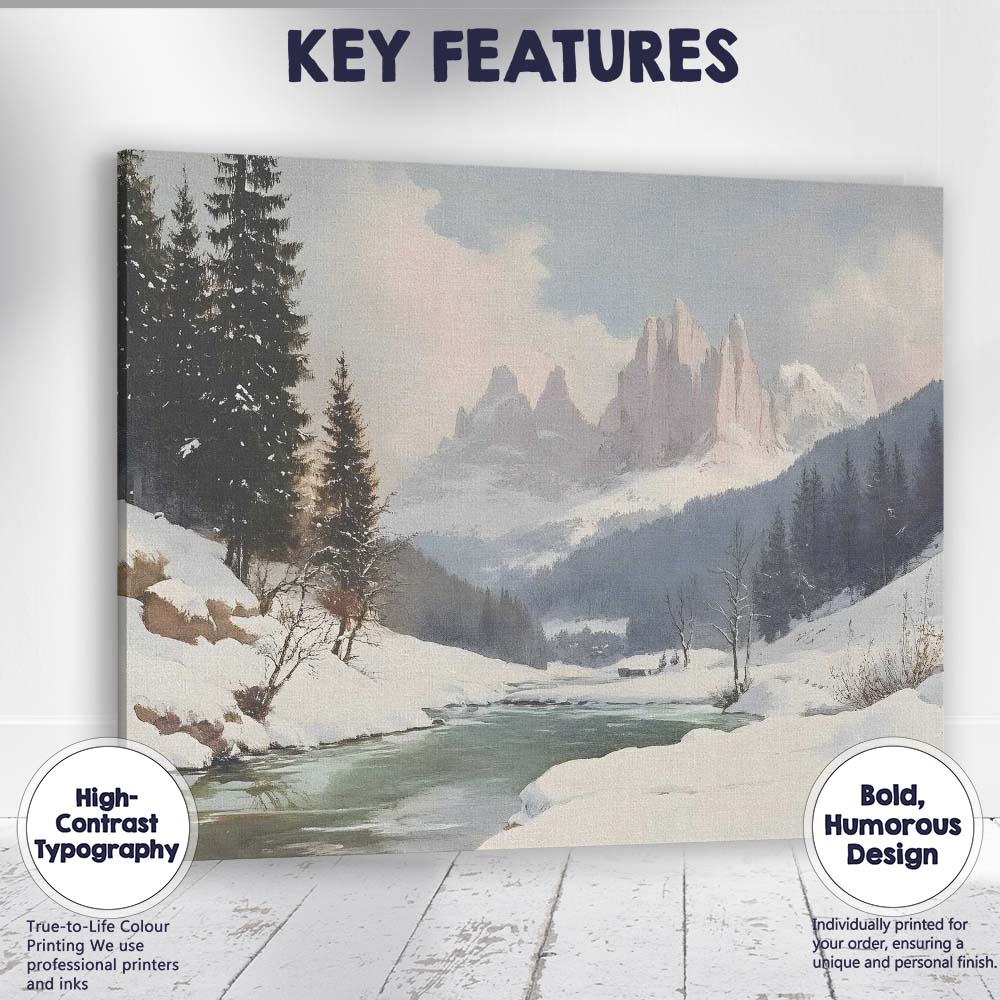 Peaceful Alpine River Snow Covered Mountain Peaks Winter Landscape Canvas Wall Art Print Decor Picture Ready to Hang