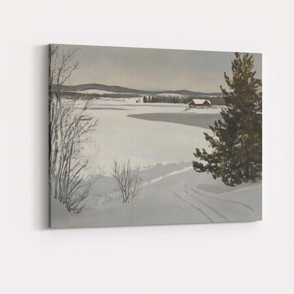 Minimalist Snow Covered Frozen Lake Country Farm Winter Landscape Canvas Wall Art Print Decor Picture Ready to Hang