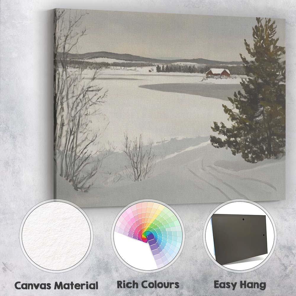 Minimalist Snow Covered Frozen Lake Country Farm Winter Landscape Canvas Wall Art Print Decor Picture Ready to Hang