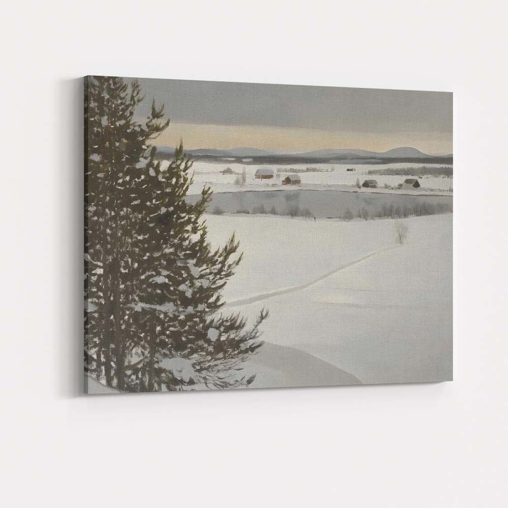Scandinavian Snowy Countryside Frozen Lake Rural Winter Landscape Canvas Wall Art Print Decor Picture Ready to Hang