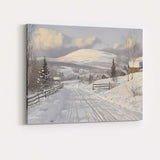 Sunlit Snowy Country Road Mountain Village Winter Scene Canvas Wall Art Print Decor Picture Ready to Hang