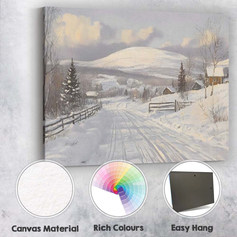 Sunlit Snowy Country Road Mountain Village Winter Scene Canvas Wall Art Print Decor Picture Ready to Hang