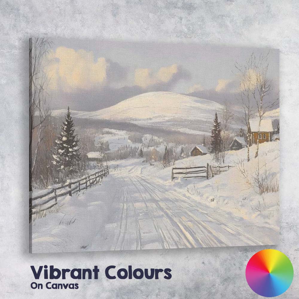 Sunlit Snowy Country Road Mountain Village Winter Scene Canvas Wall Art Print Decor Picture Ready to Hang