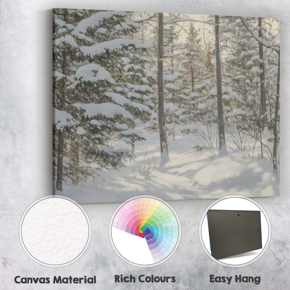 Sunlit Snow Covered Pine Forest Winter Woodland Scene Canvas Wall Art Print Decor Picture Ready to Hang