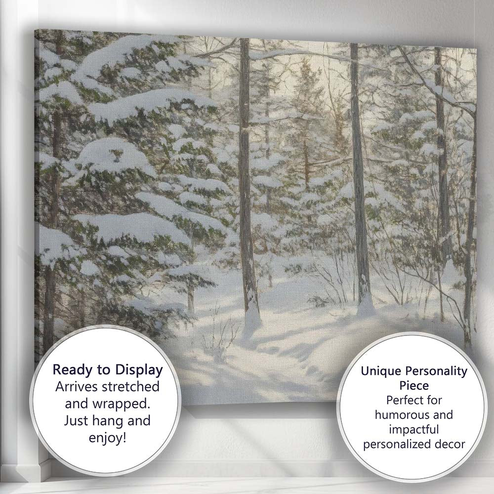 Sunlit Snow Covered Pine Forest Winter Woodland Scene Canvas Wall Art Print Decor Picture Ready to Hang