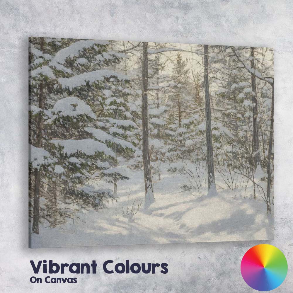 Sunlit Snow Covered Pine Forest Winter Woodland Scene Canvas Wall Art Print Decor Picture Ready to Hang