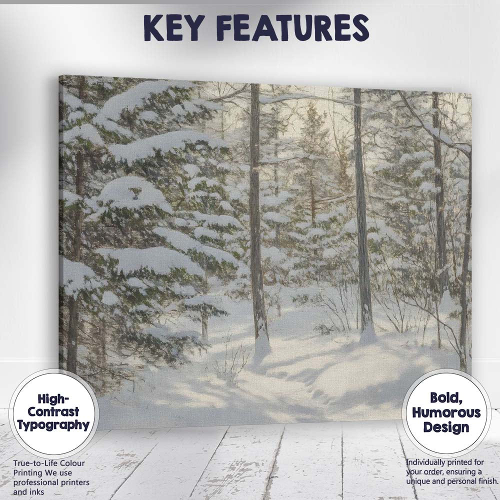 Sunlit Snow Covered Pine Forest Winter Woodland Scene Canvas Wall Art Print Decor Picture Ready to Hang