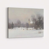 Misty Snow Covered Village Church Winter Landscape Soft Neutral Impressionist Painting Canvas Wall Art Print Decor Picture Ready to Hang