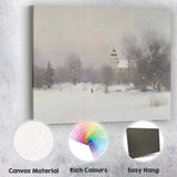 Misty Snow Covered Village Church Winter Landscape Soft Neutral Impressionist Painting Canvas Wall Art Print Decor Picture Ready to Hang