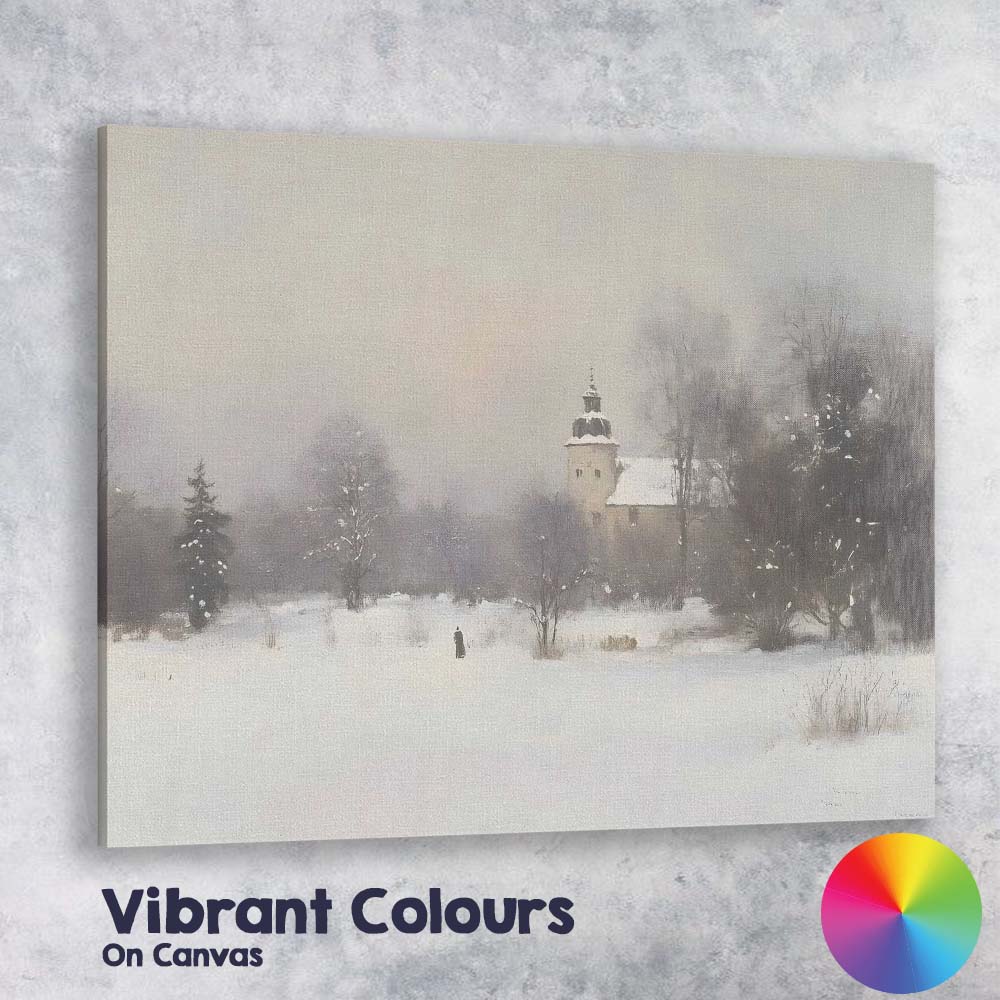 Misty Snow Covered Village Church Winter Landscape Soft Neutral Impressionist Painting Canvas Wall Art Print Decor Picture Ready to Hang
