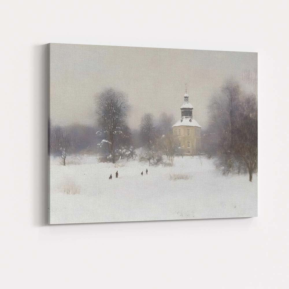 Soft Winter Church Snow Covered Park Landscape Canvas Wall Art Print Decor Picture Ready to Hang