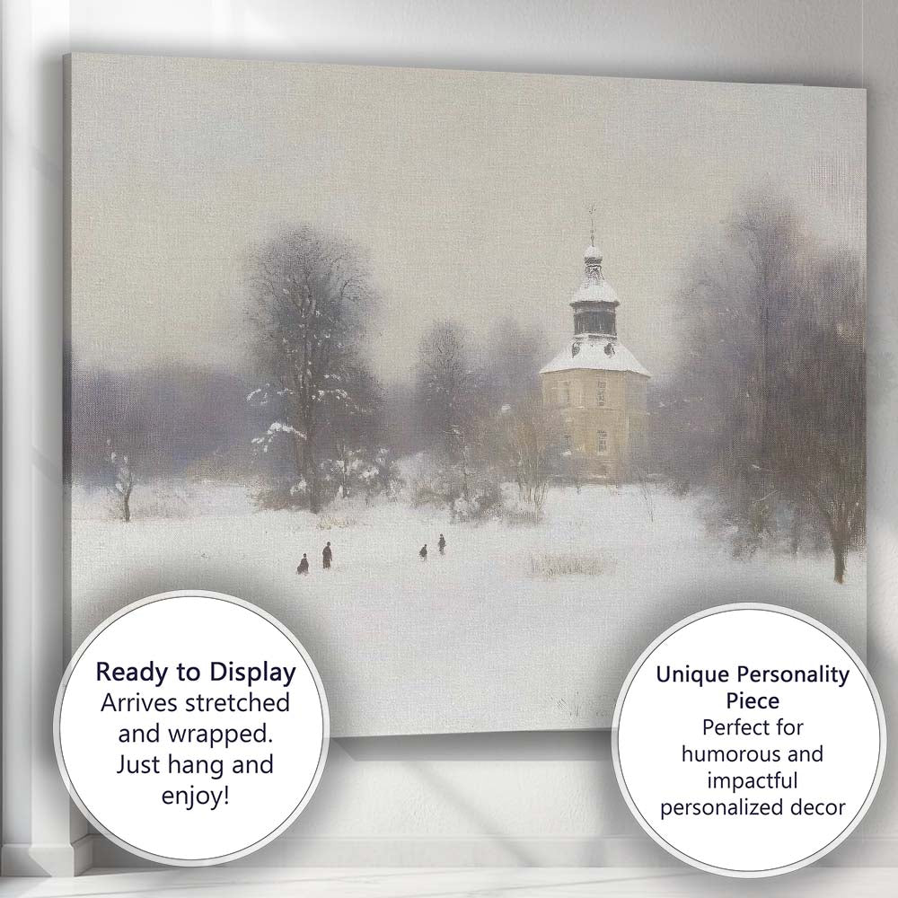 Soft Winter Church Snow Covered Park Landscape Canvas Wall Art Print Decor Picture Ready to Hang