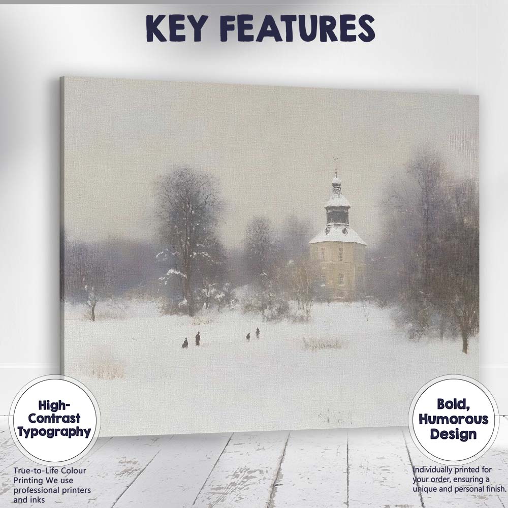 Soft Winter Church Snow Covered Park Landscape Canvas Wall Art Print Decor Picture Ready to Hang